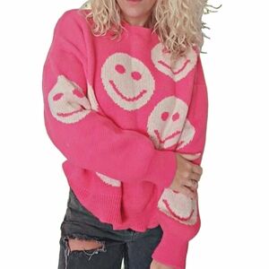 Smiley Babe Pink Sweater Boutique Preppy Vibe Neon Womens Top Crew Neck
